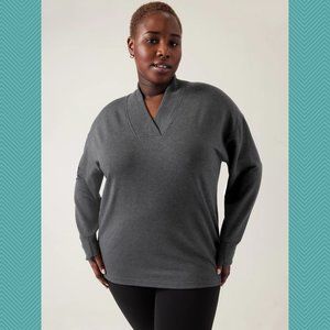 Athleta Heathered Black Clarity V-Neck Shawl Collar Sweatshirt